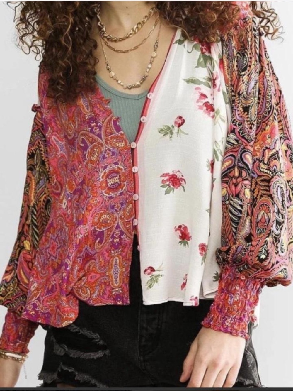 Mixed Floral & Paisley Button-Front Women’s Top - Pink/White